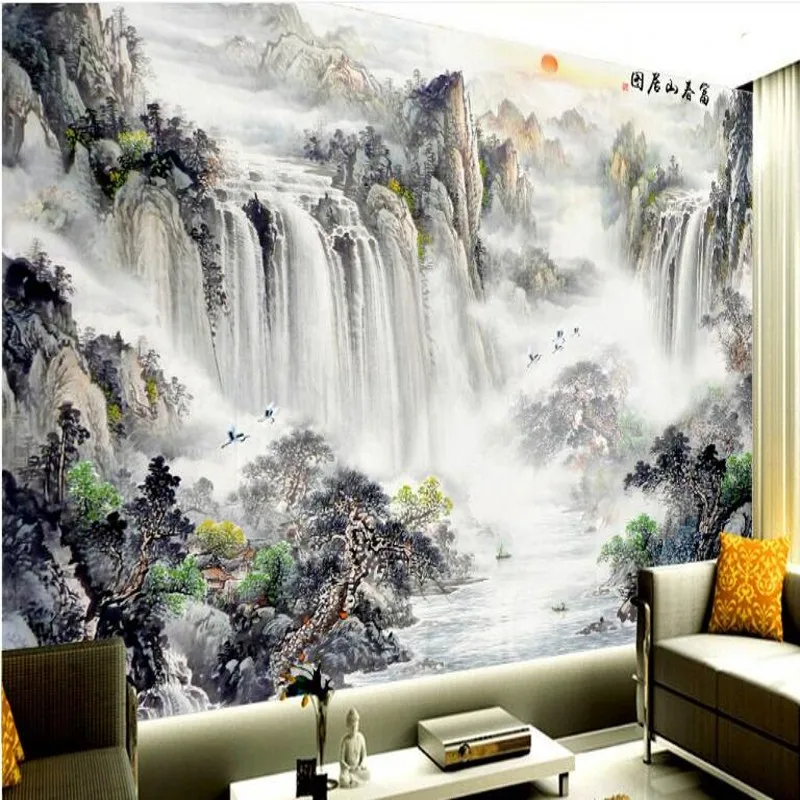 

wellyu Custom large - scale murals atmospheric mood landscape painting Fuchun Mountains home map background wall wallpaper