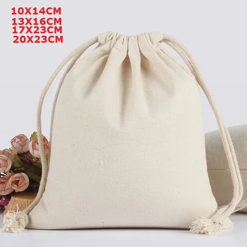 10 unids/lote 10*14, 13*16, 17*23, 20*23 cm 260g bolsas de algodón de lona de lino grueso bolsa de embalaje de regalo puede logotipo impreso personalizado