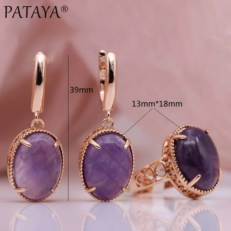 PATAYA New Moonstone Natural Stone Sets Women Wedding Hollow Fine Fashion Jewelry Set 585 Rose Gold Color Long Earrings Rings