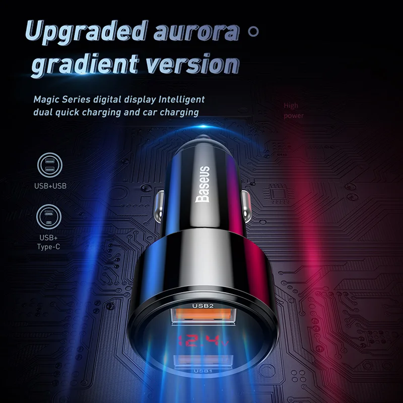 Baseus LED 6A Quick Charge 4.0 3.0 USB Car Charger For Xiaomi mi 9 Huawei P30 Pro QC4.0 QC3.0 Fast PD Car Charging Phone Charger