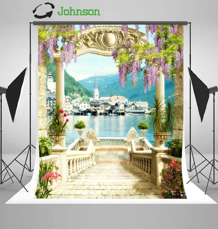 

Staircase Arch Column Village Coastal Patio Flower Mountain background Vinyl cloth Computer print wedding backdrop