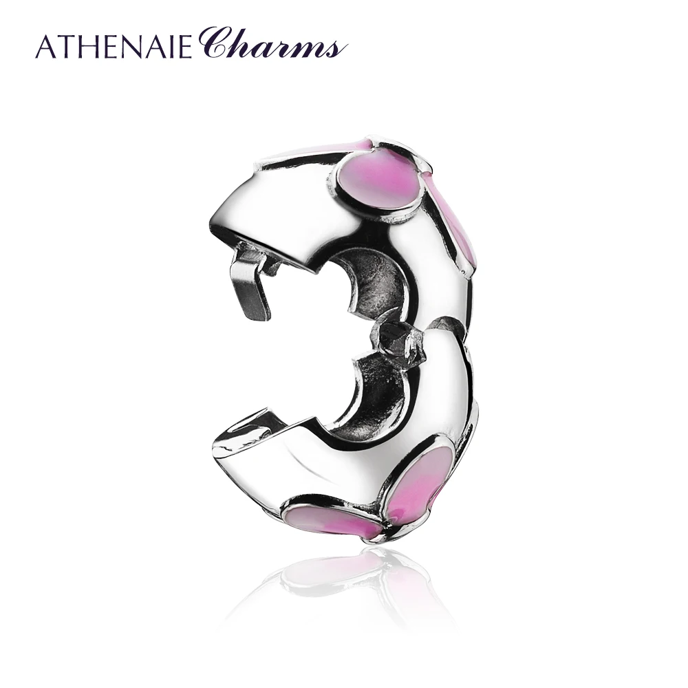 ATHENAIE 925 Sterling Silver Magnolia Bloom Clip Charms Pale Cerise Enamel and Pink CZ Charms Beads for Women European Bracelets