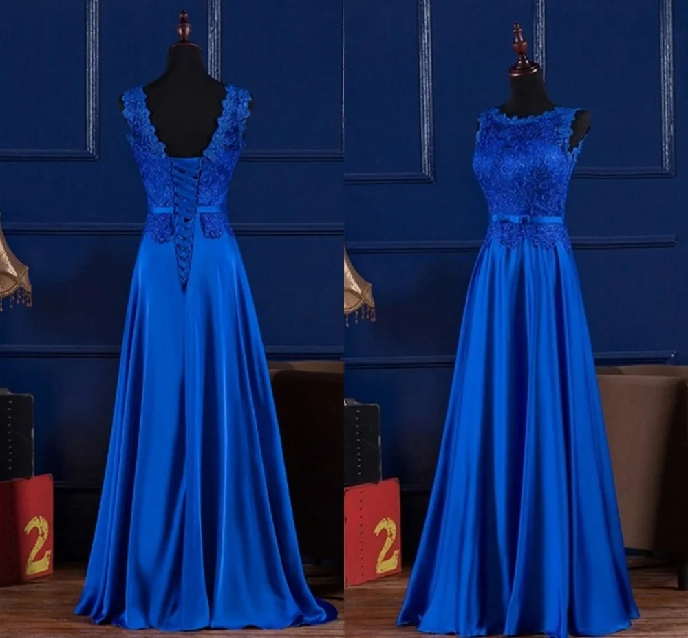 Elegant Royal Blue /Wine Red Scoop Lace Satin Long Dresses For Wedding Party Summer Prom Evening Gowns Maxi Dresses Vestidos