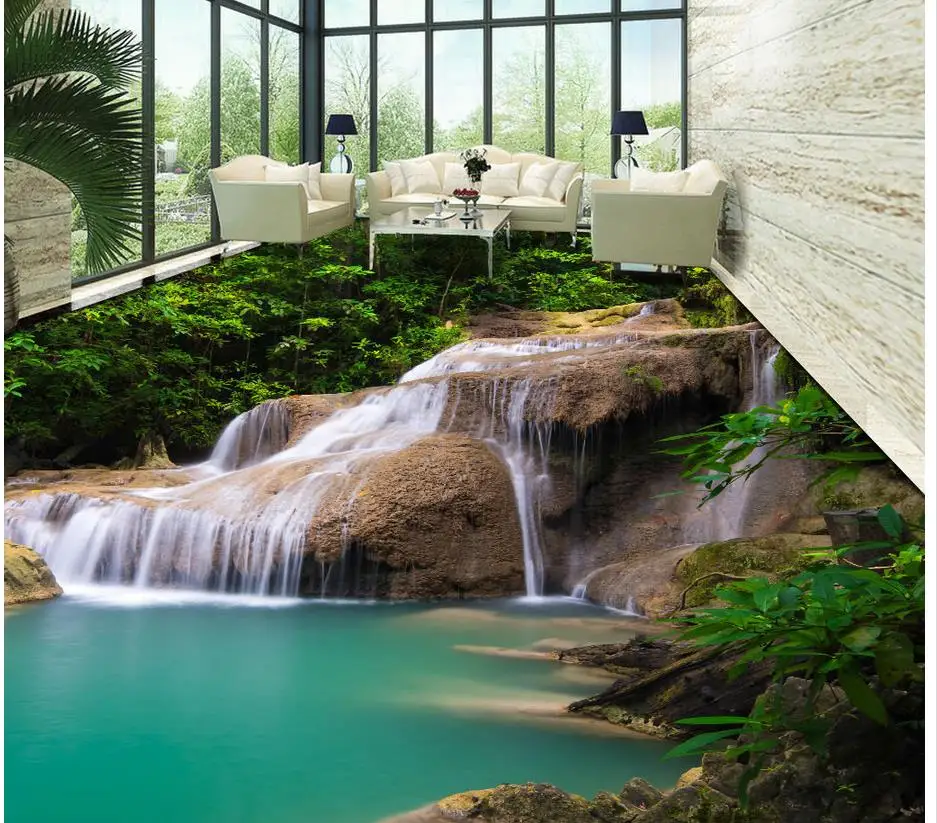 3D wall murals wallpaper floor Beautiful romantic water falls 3D stereoscopic floor  PVC waterproof floor