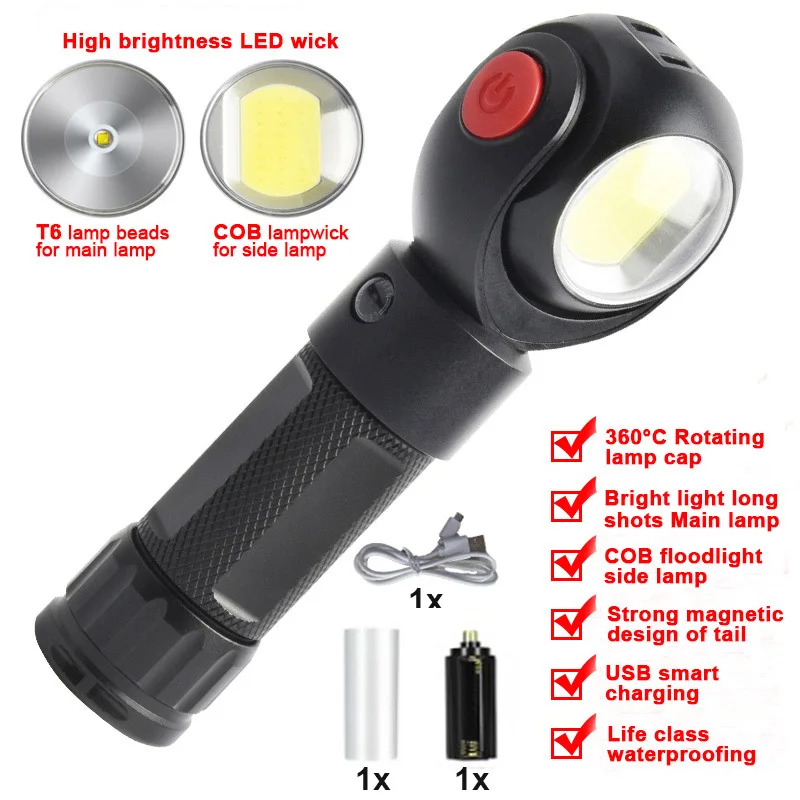 50pcs USB LED XML T6 and COB Magnetic flashlight 360° torch Flash light Lamp for built-in 26650 18650 battery Outdoor Sports