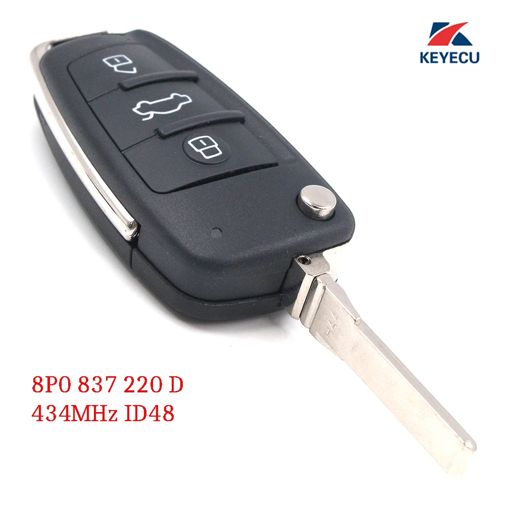 KEYECU Replacement Upgraded Flip Remote Car Key Fob 433MHz ID48 Chip For Audi A3 S3 RS3 TT TTS TTRS 2004-2013 P/N: 8P0 837 220 D