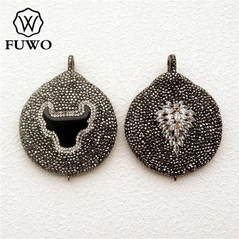 FUWO Natural Black Agates Stone Bull Head Shape Pendants Pave Rhinestone Bead Connector Crystal Charms For Jewelry Making PD1522