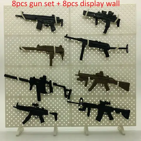 8Pcs 1/6 Toys Gun Model MP5 HK53 UZI MK18 KRISS VECTOR MP7 Puzzles Building Bricks Soldier Weapon+Display Wall