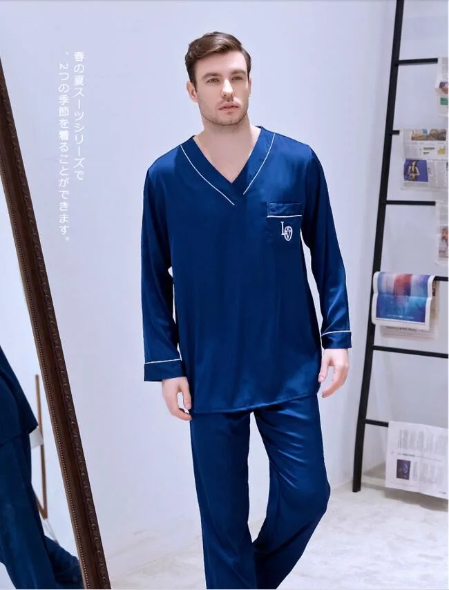 Men's Ice Silk Satin homewear Long Sleeved V Collar Set All Seasons Home Clothes Students Leisure Youth Plus Size Nightgown J035