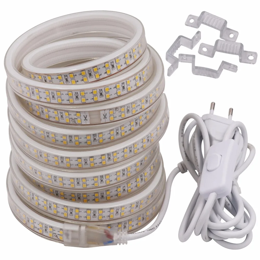 180LEDs/m 220v Led Strip Light 2835 SMD White/Warm White Double Row Waterproof Led Rope Tape EU Power Plug With 3m Cable /Swtich