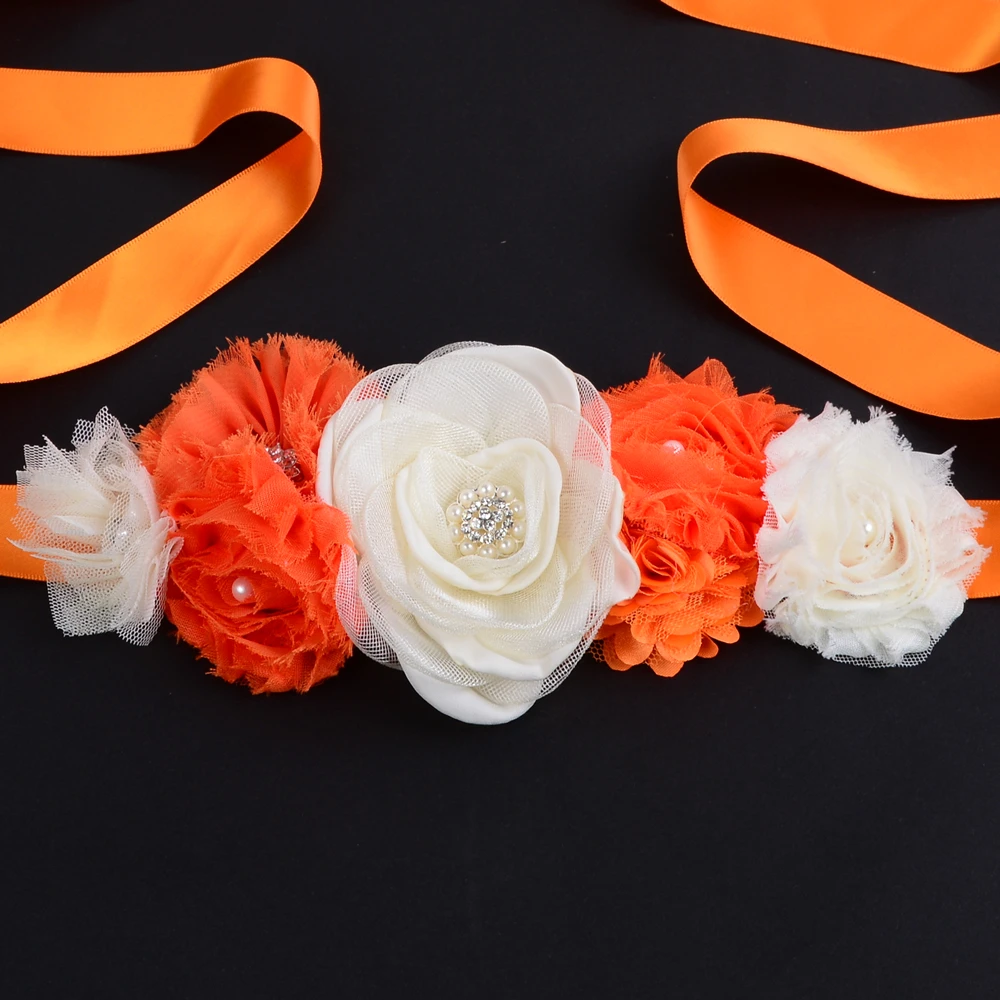 1 Set Flower Belt with Flower Headband for Girls Woman Maternity Sashes Belt Satin Orange Wedding Flower Kids Girl Sash Belt