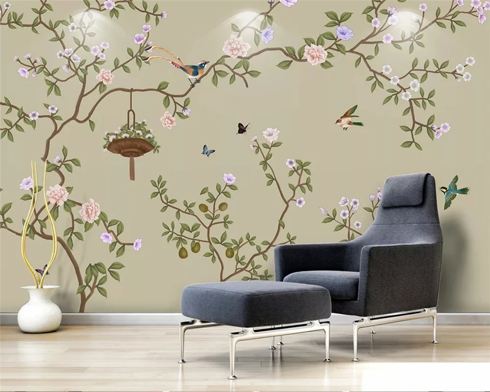 

beibehang Custom wallpaper hand drawn flowers birds background plum blossom peach background wall papers home decor papier peint