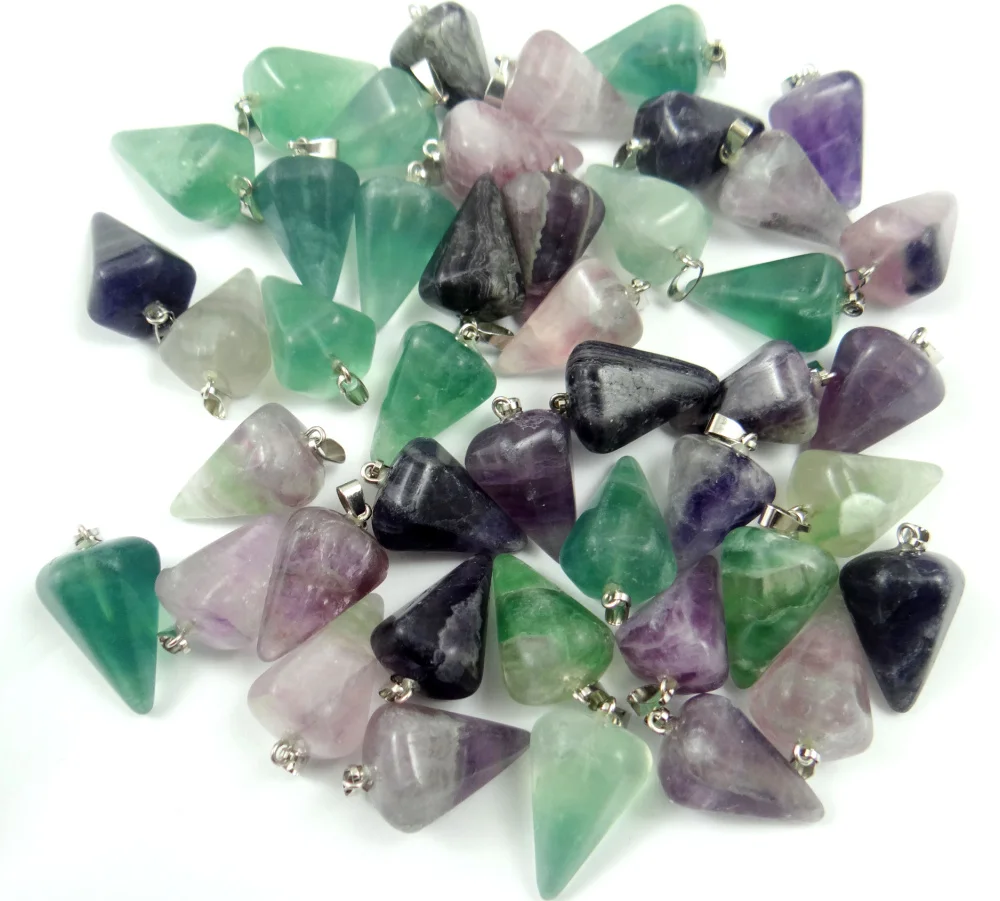 Wholesale  12PCS Fashion Natural Fluorite Stone Hexagon Pyramis Pendant Pendulum Charms For Jewelry Making Free Shipping