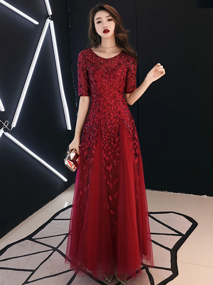 Customized Long Evening Dresses Robe De Soiree Sexy Luxury Wine Red Sequin Formal Party Dress Pom Gown WY1134