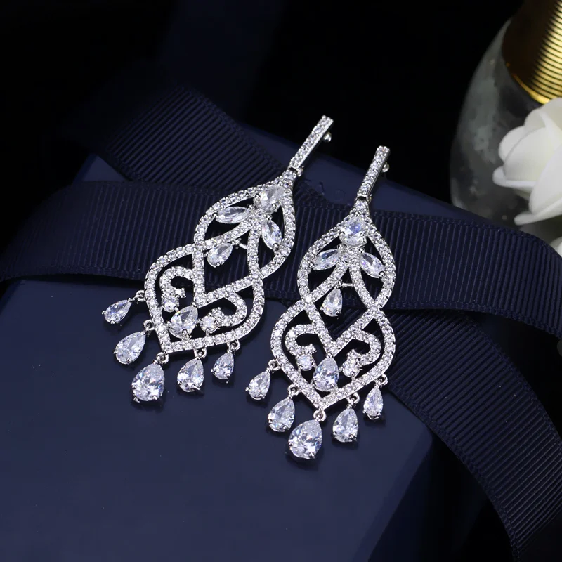ANGELCZ Brand Ear Jewellery Fancy Chandelier Drop Inlay Royal Blue Austrian Crystal Evening Party Big Earrings For Ladies AE100 image 4