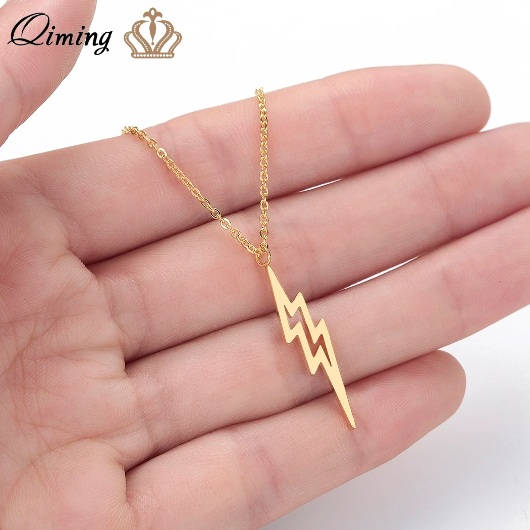 QIMING Thunder Bolt Lighting Necklace Women Men Jewelry Stainless Steel Vintage Tibetan Pendant Necklace Birthday Collar Collier