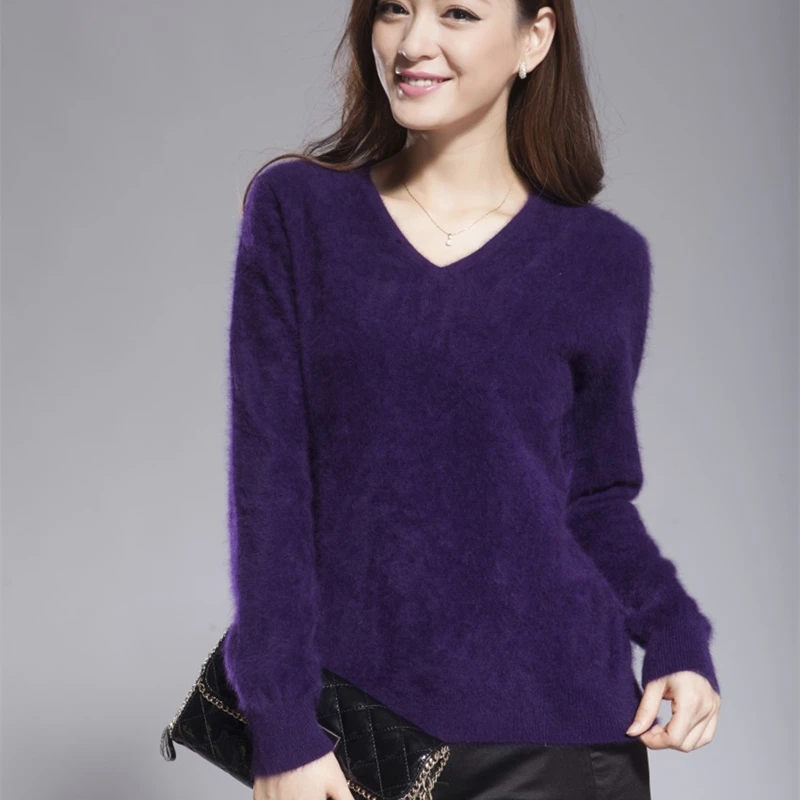 2023 Autumn Winter Women\'s V-neck 100% Mink Cashmere Sweaters And Pullover Soft Warm Sweaters Female Knitted Basic Sweater
