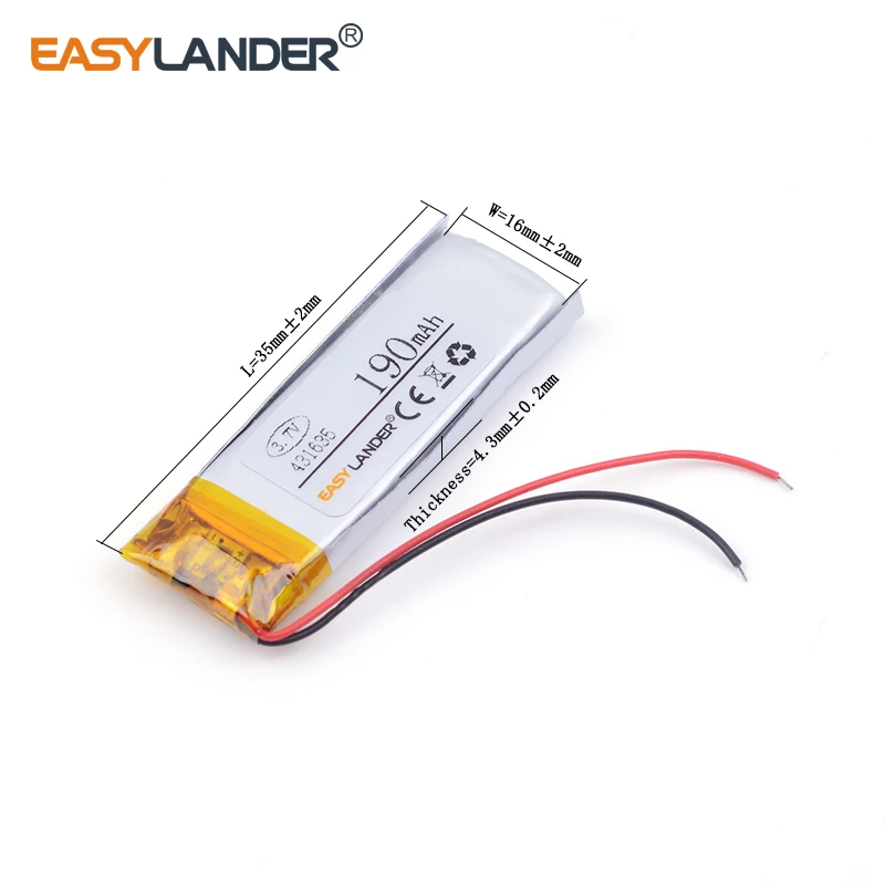 431635 3.7V 190mAh แบตเตอรี่ลิเธียม Li-ion โพลิเมอร์แบบชาร์จไฟได้สำหรับชุดหูฟังบลูทูธ3D แว่นตาสมาร์ทวอท์ชหูฟัง