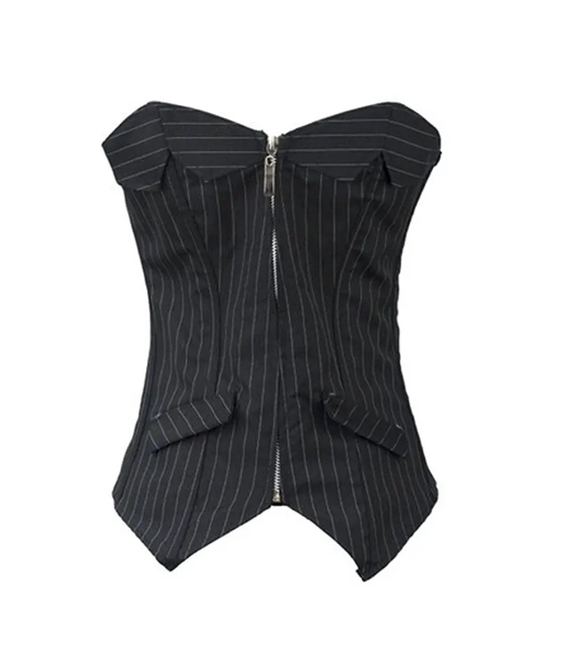 Sapubonva Sexy Black Striped Overbust Corset Office Lady Corselet Sexy Women Zip Corset Bustier Strapless Tops Costume Fashion