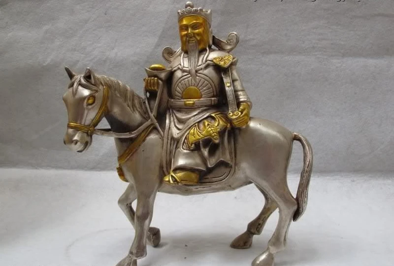 China White Copper Silver Gilt famous God of wealth mammon Ride on Horse Statue