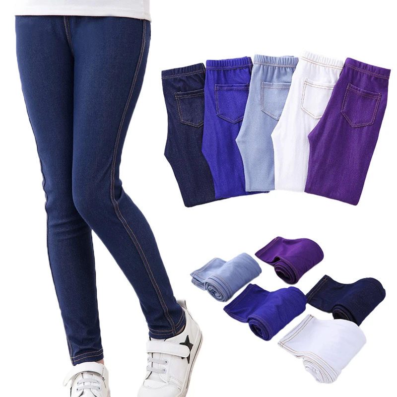 

Spring Summer Girls Elastic Skinny Pants Solid Color Kids Stretch Trousers 3-12Yrs Children Lmitation Denim Fabric Jeans Pants