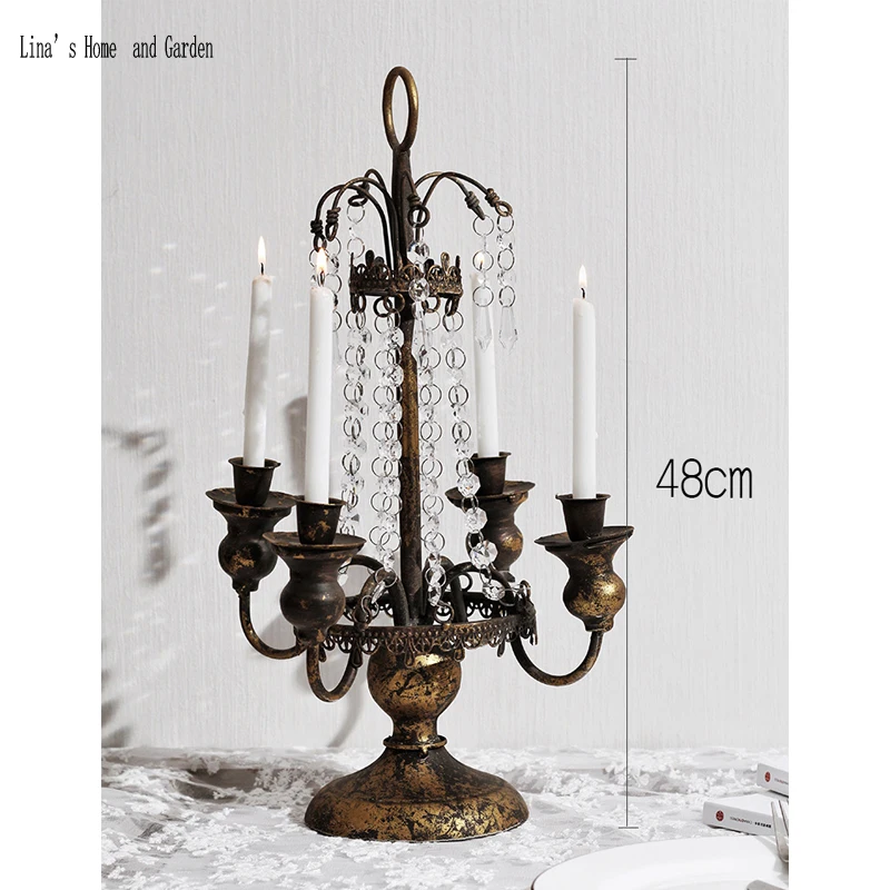 4 arms antique vintage golden metal candle holder crystal candelabra