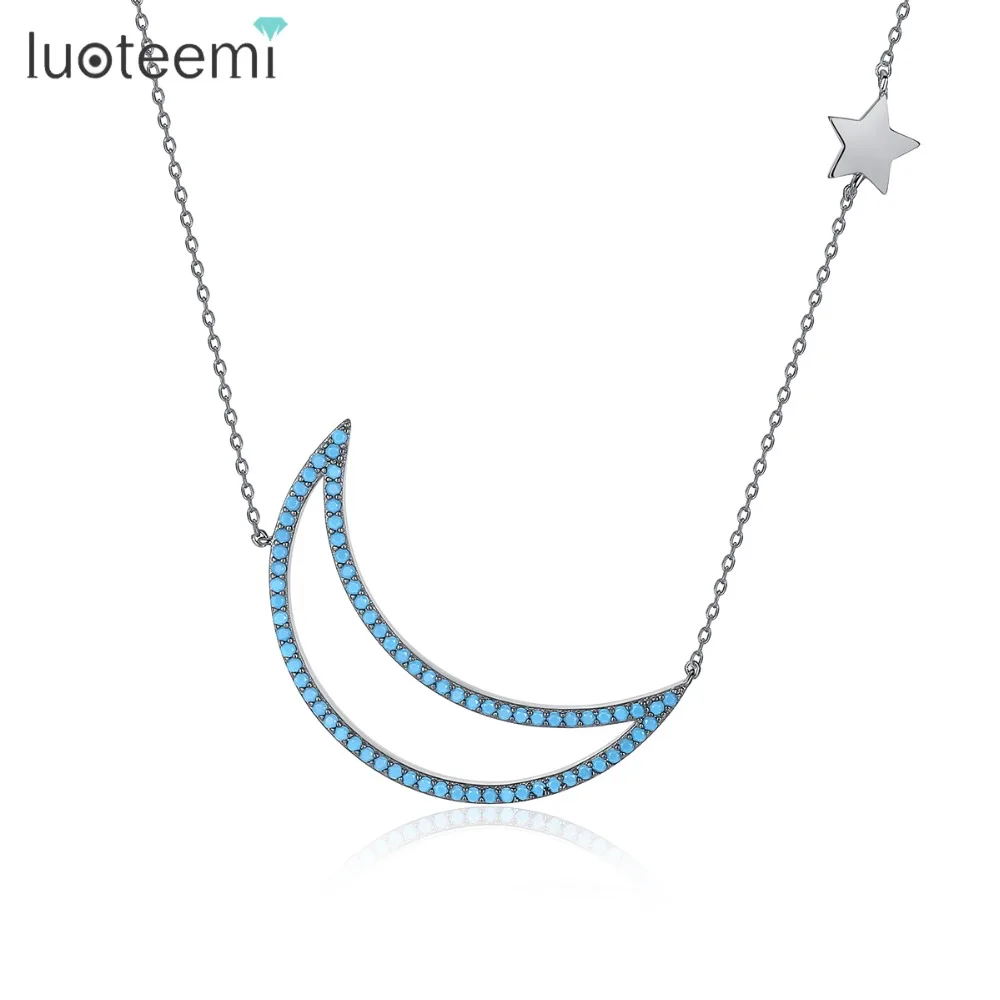 

LUOTEEMI Blue Moon and Star Pendant Long Necklace for Women Collares Para Mujer Fashion Personality Moon Crescent Friends Gifts