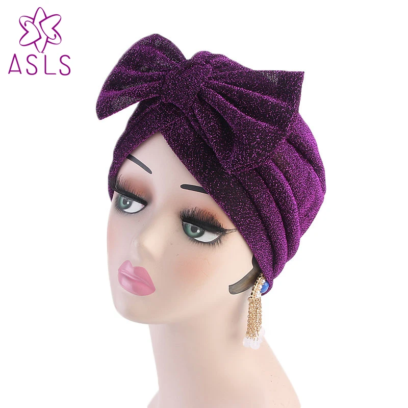 

New fashion Luxury Women metallic Bow Turban Hat Muslim India Bonnet Chemo Hijab Beanie Cap Ladies Turbante hair accessories