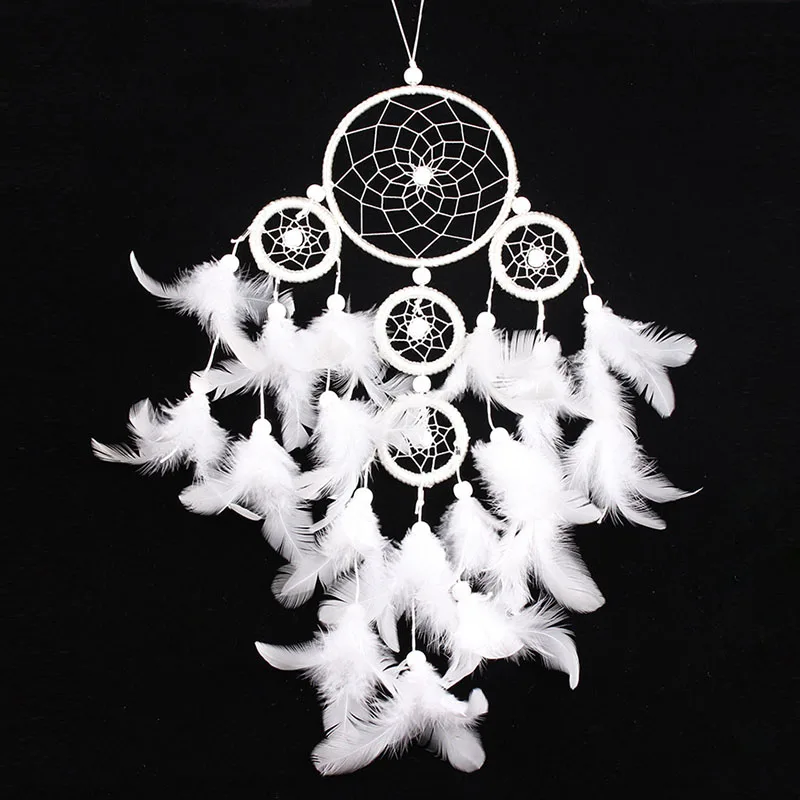 Newly Big Dreamcatcher Wind Chime White Feather Dream Catcher Car Hanging Decoration 5 Circular Home Decor Gift Room Decor