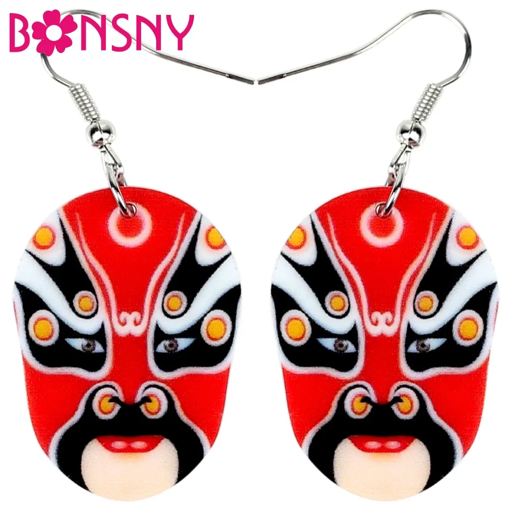 Bonsny Acrylic Chinese Beijing Opera Facial Mask Hou Yi Earrings Drop Dangle Ethnic Jewelry For Women Girls Teen Gift Decoration