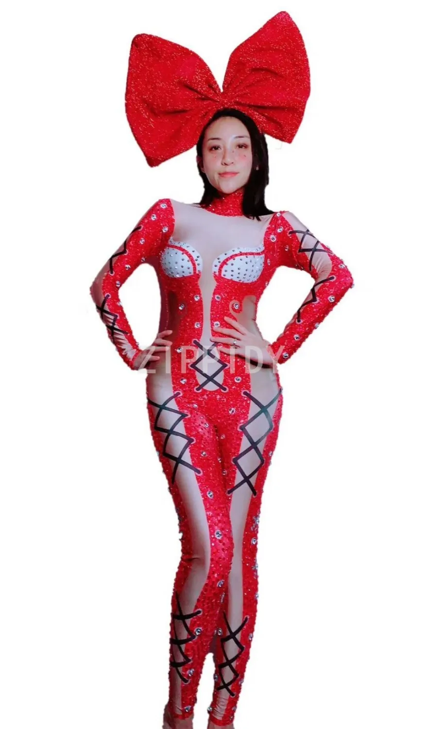 Birthday Party Outfit Nightclub Women Singer Dance Show Outfit Sparkly Red Silver Rhinestones Spandex Bandage Pattern Jumpsuit