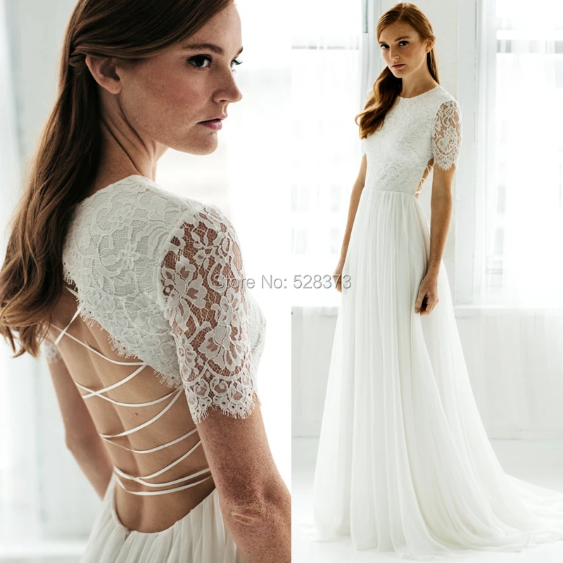 

YNQNFS W32 Real Pictures Lace Short Sleeves Backless Chiffon Boho Wedding Dress Beach 2018 Light Bridal Party Gowns