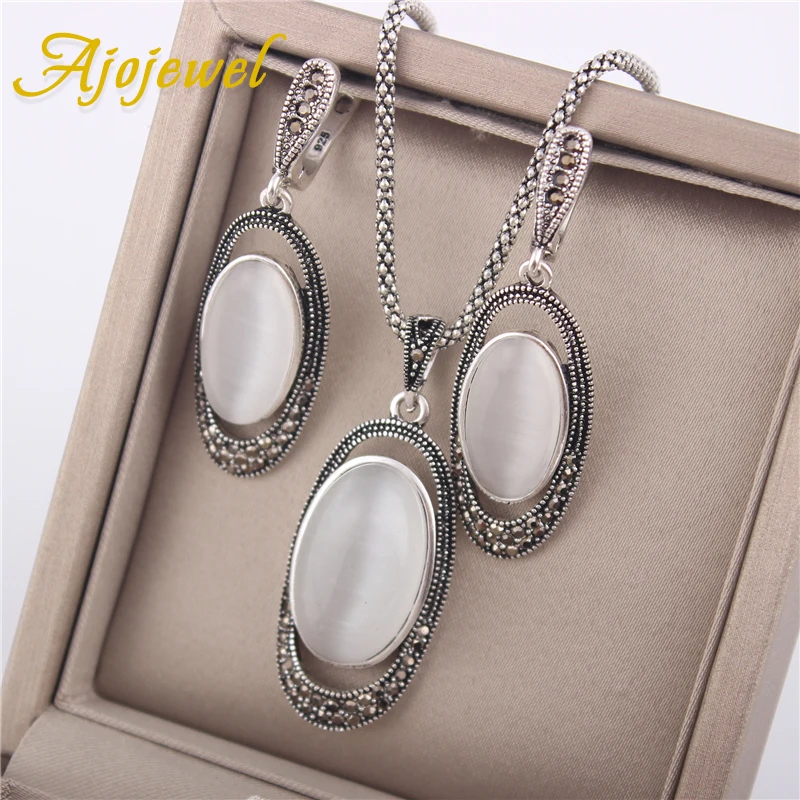 Ajojewel New Arrival White Opal Jewelry Sets Vintage Jewelry Set Stone Earrings Necklace & Pendant