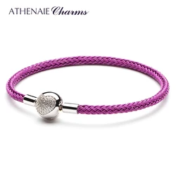 ATHENAIE Colorful Wire Charms Bracelet with 925 Sterling Silver CZ Love Heart Clasp for Women Fit Charm Beads DIY Gift