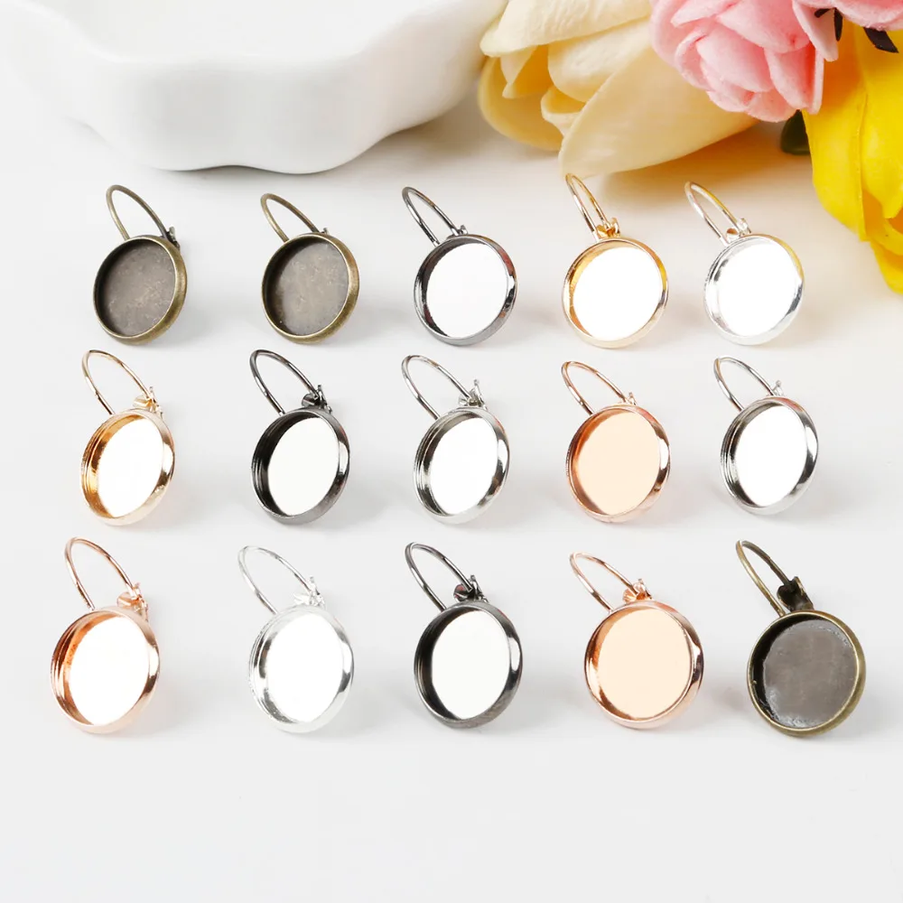 14mm 10pcs 6 Colors Plated French Lever Back Earrings Blank/Base,Fit 12mm Glass Cabochons,Buttons;Earring Bezels