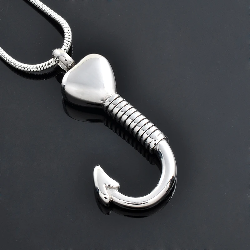 IJD9779 Memorial Jewelry The FISHHOOK Cremation Urn Pendant Necklace Stainless Steel Funeral Keepsake Ashes Jewelry for Men/Male