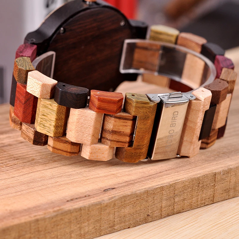 Relogio Masculino BOBO BIRD Men Watch Wood Timepiece Auto Date Colorful Band Military Wristwatch Gift Wooden Box To Father