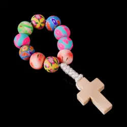 8mm soft ceramic beads rosary thumb bracelet. Pray soft ceramic bead bracelet. Soft clay woven wood cross finger chain