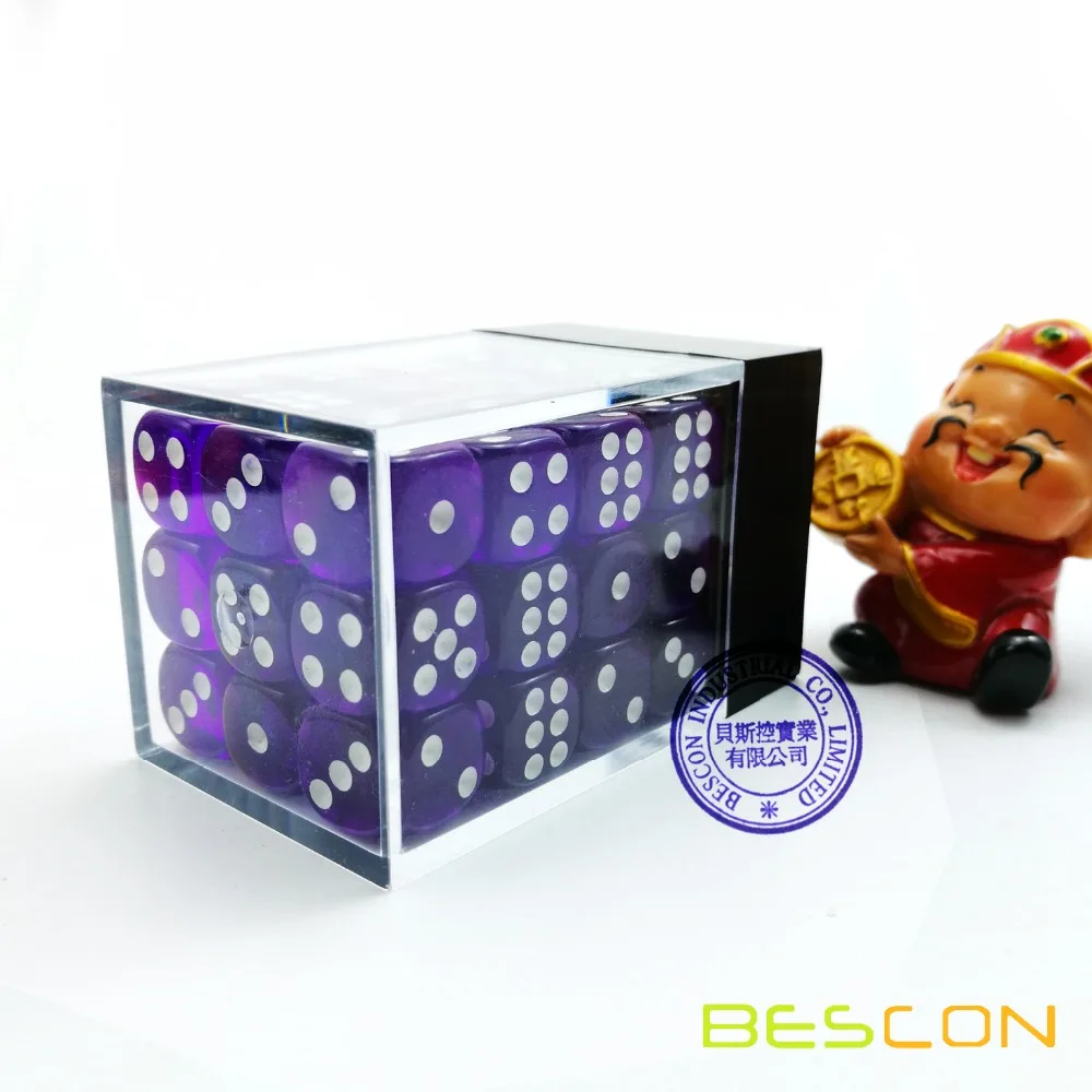 Bescon 12mm 6 Sided Dice 36 in Brick Box, 12mm Six Sided Die (36) Block of Dice, Translucent Purple with White Pips