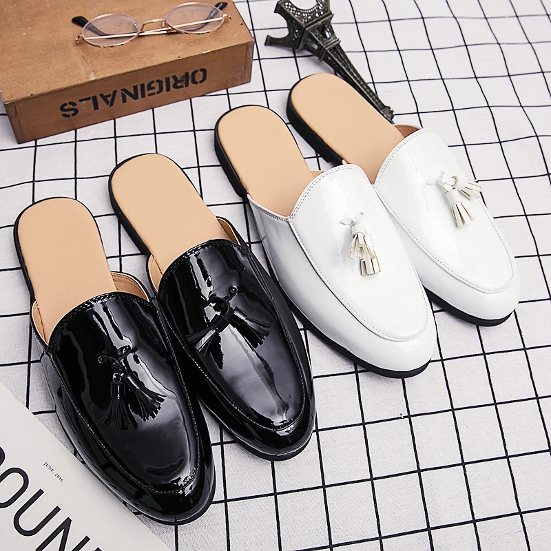 FUQIAO 2024 Luxury Brand Patent Leather 38~46 Slippers Men Flip Flops Sandals Classic Mules Slides Outdoor Man Tassel Shoes