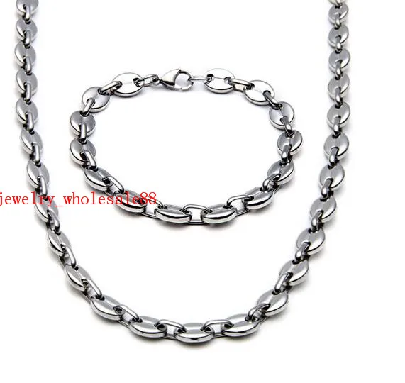 One Set Jewlery 9mm brand new men/women's  stainless steel coffee bean Link Chain  necklace + bracelet