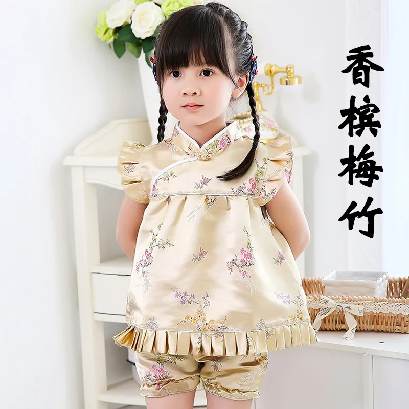 Gold Girls QIPAO Sets 2020 Summer Baby Girls Clothes Set Children Clothing Top Quality 0 1 2 3 4 Years Rose Flower Girl Dress