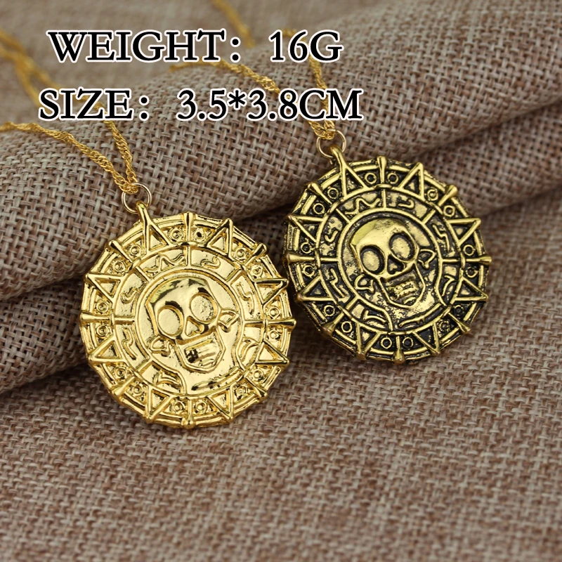 Fashion Retro Movie Pirates of the Caribbean Necklace Aztec coin Vintage Gold Captain Jack Sparrow Medallion Skull Men Necklaces