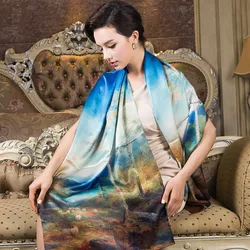 2022 Blue Mulberry Silk Long Silk Scarf Shawl Printed Female Spring Autumn Silk Scarves All-match Top Grade Winter Long Scarf