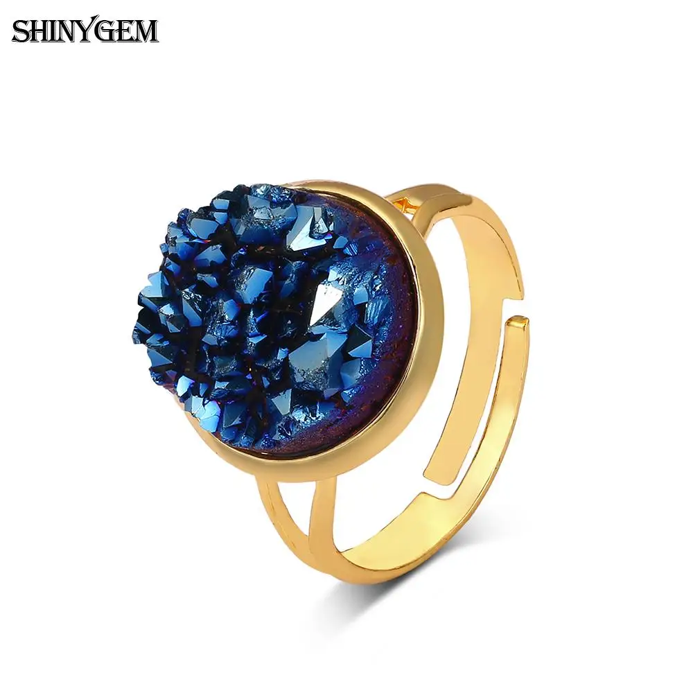 

ShinyGem Natural Crystal Druzy Opal Gold Plating Big Gem Stone Elegant Adjustable Size Jewelry Women Rings