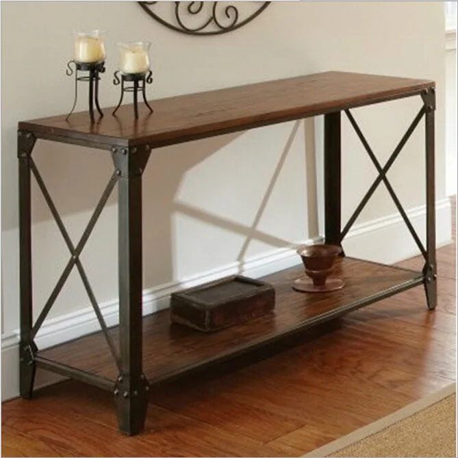 

American country wrought iron wood console table desk side table living room entrance metal crafts