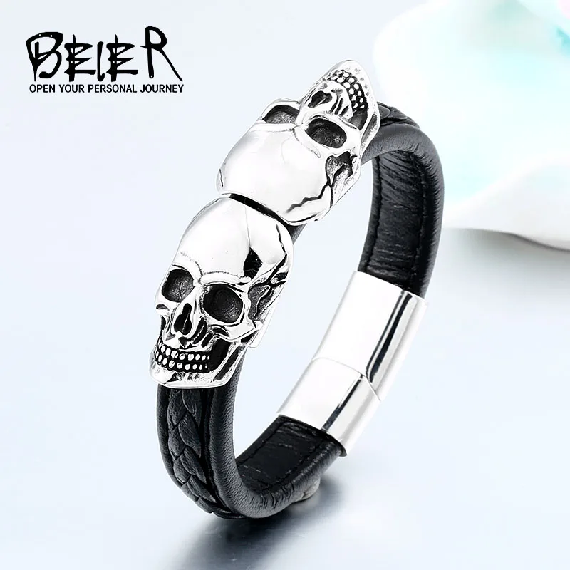 BEIER Cool Punk Double Skull Bracelet For Man 316 Stainless Steel love Bangle Man\'s High Quality Leather Jewelry BC-L024