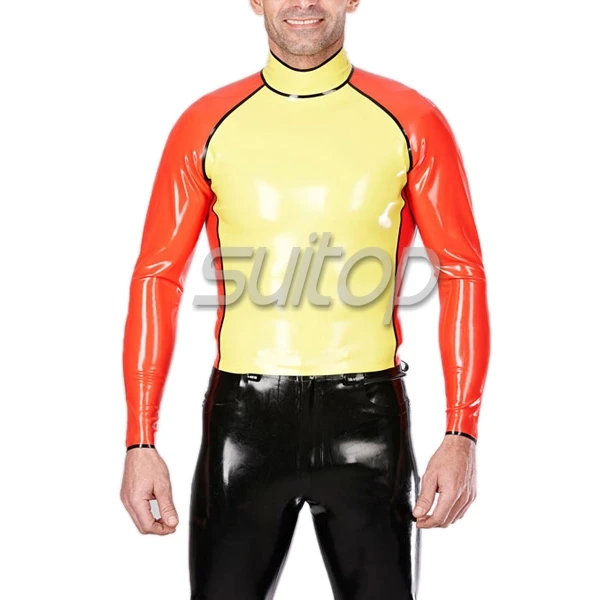 

latex two colors tops rubber garment suit for boys