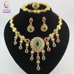 Fashion African Beads Red/Green Gem Stone Rhinestone Costume Fine Jewelry Sets  Gold color Crystal Women Wedding Party Set