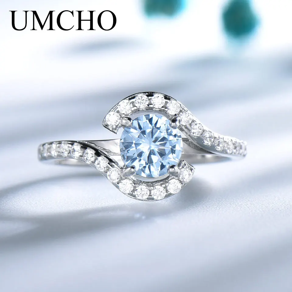 

UMCHO Created Sky Blue Topaz Real 925 Sterling Silver Rings For Female Engagement Romantic Bridal Anniversary Gift Fine Jewelry